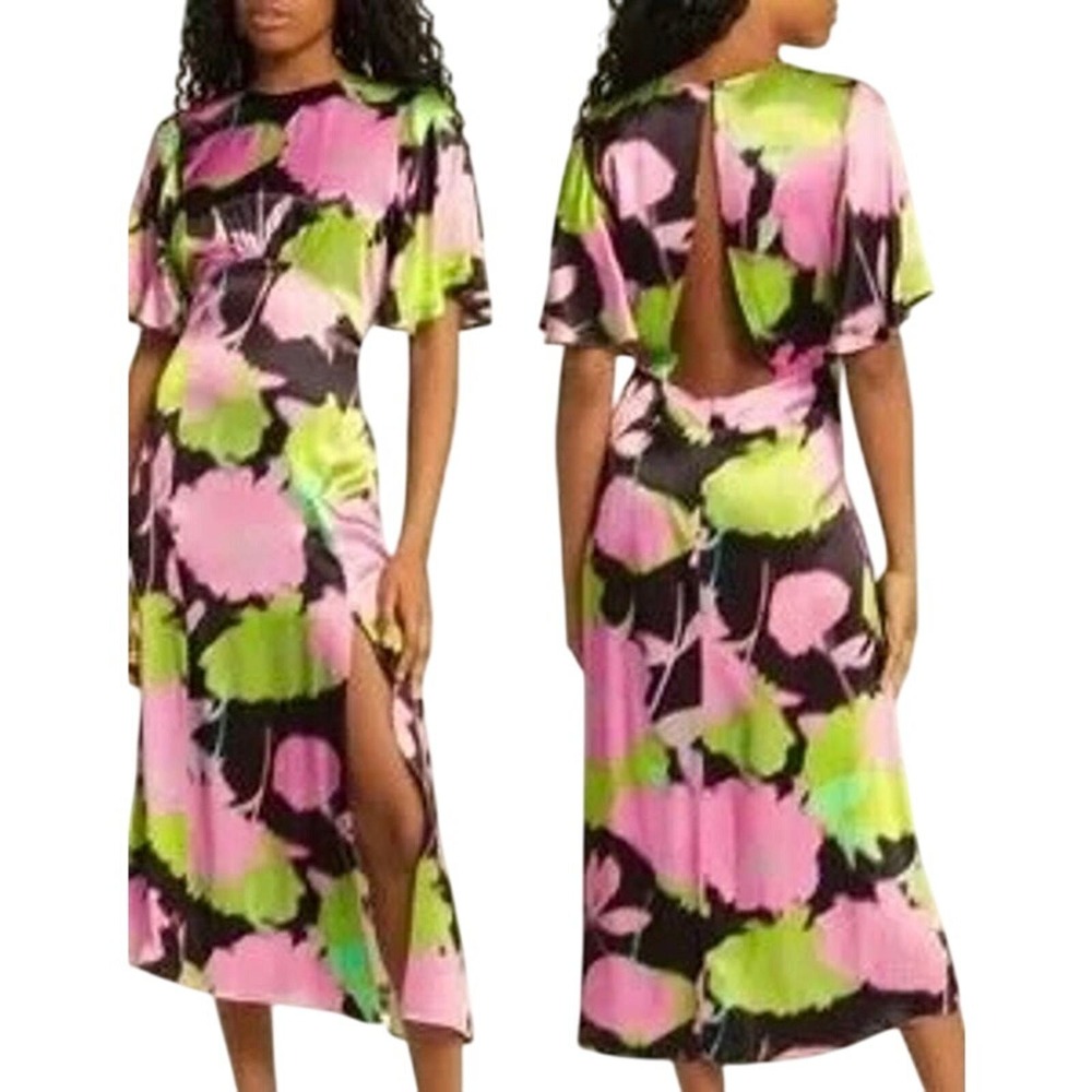 New Topshop Austin Midi Dress Pink Green Floral Print Womens Sz 4 Wedding‎ Guest